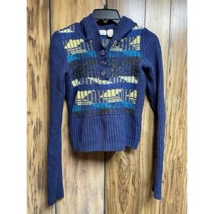Women's Y2K DKNY Jeans Blue Yellow Aztec Hooded Cable Knit Pullover Sweater Sz M